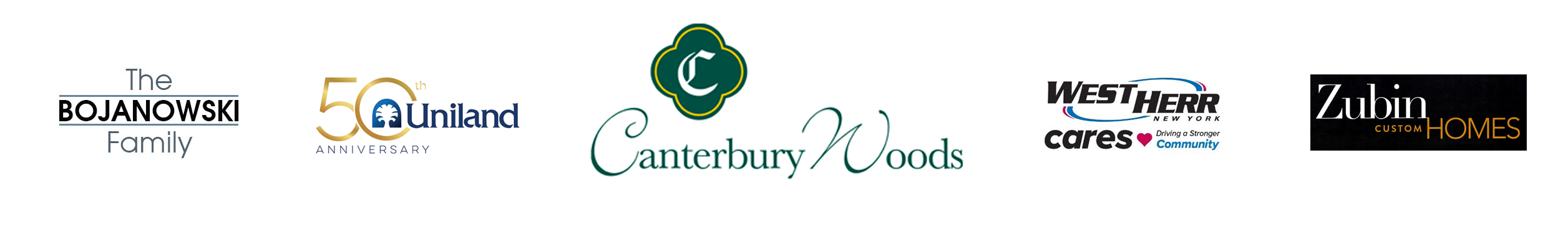 Sponsor Logos - Canterbury Woods, The Bojankowski Family, Uniland, West Herr, Zubin Custom Homes